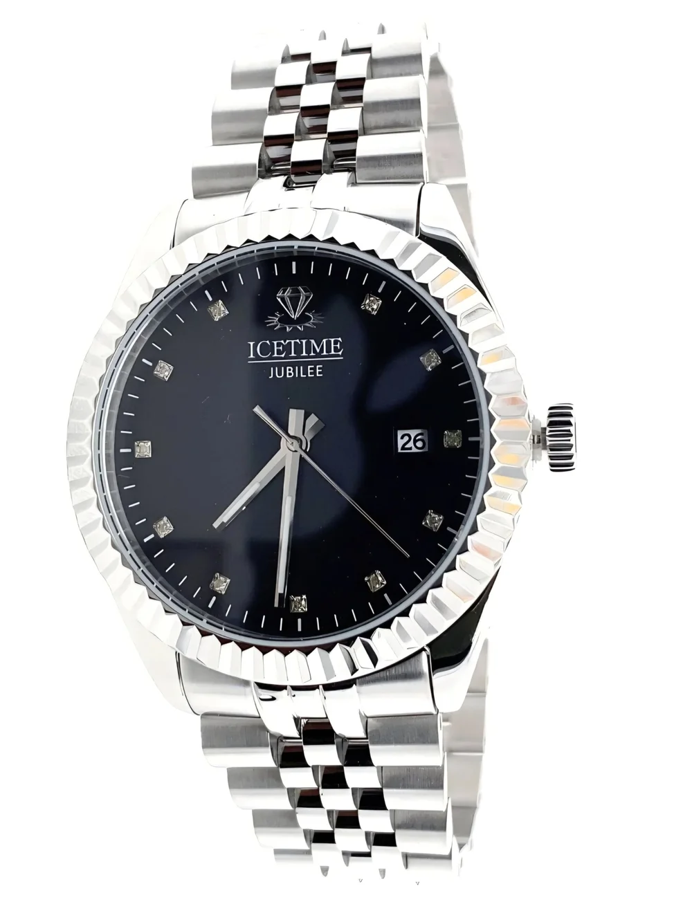 IceTime Jubilee 41mm Men White Gold Steel Watch Black Dial Iced 0.10ct Diamonds